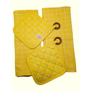 Vintage Cannon Yellow Windowpane Cotton Kitchen Towels and Pot Holders Set 4pc